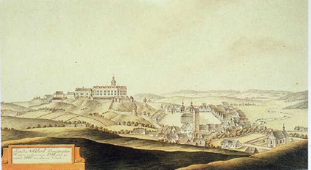 Zámek Náchod a město od západu, J. Venuto, akvarel z roku 1814 podle kresby z roku 1786
