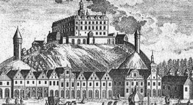 Zámek Náchod z náměstí, F.B. Wernher- J.J. Ringle, mědirytina kolem 1740  